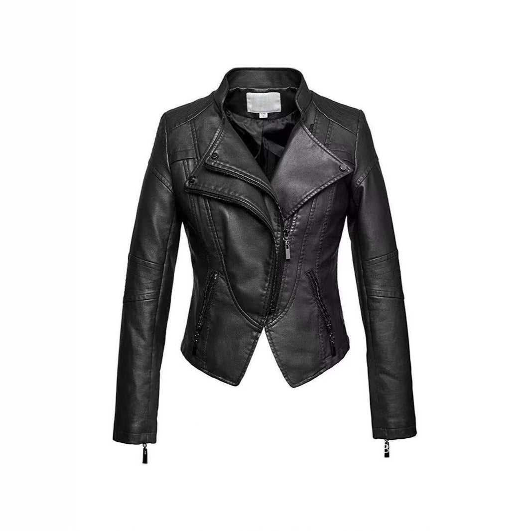 New Women's Leather Top Coat European And American Fashion Motorcycle Slim Fit Short Leather Jacket Jacket Zipper One Generation