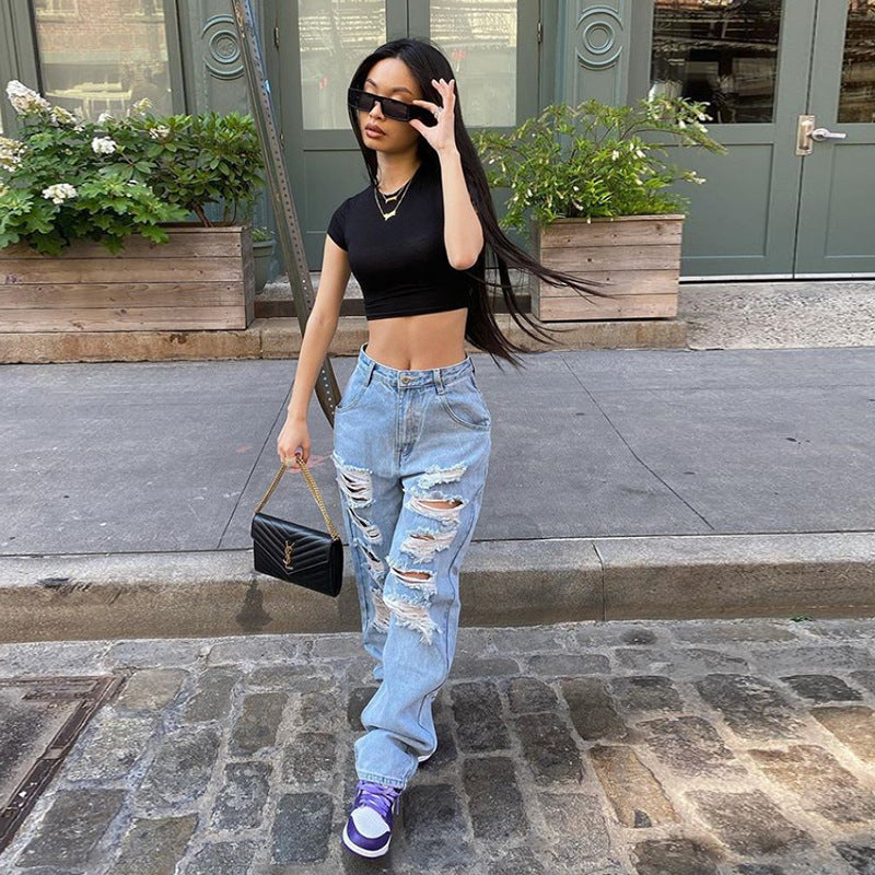 European and American Street Ripped Jeans Women Light Color High Waist