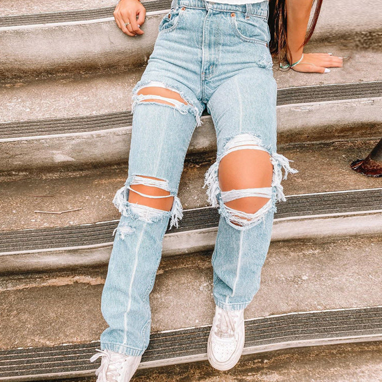 Ladies Denim Pants with Ripped Holes Women's Pants