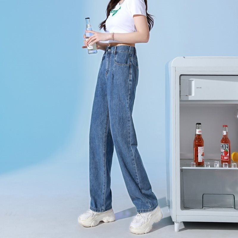 Elastic Waist Straight Jeans Women's Summer Thin High Wide-leg Pants