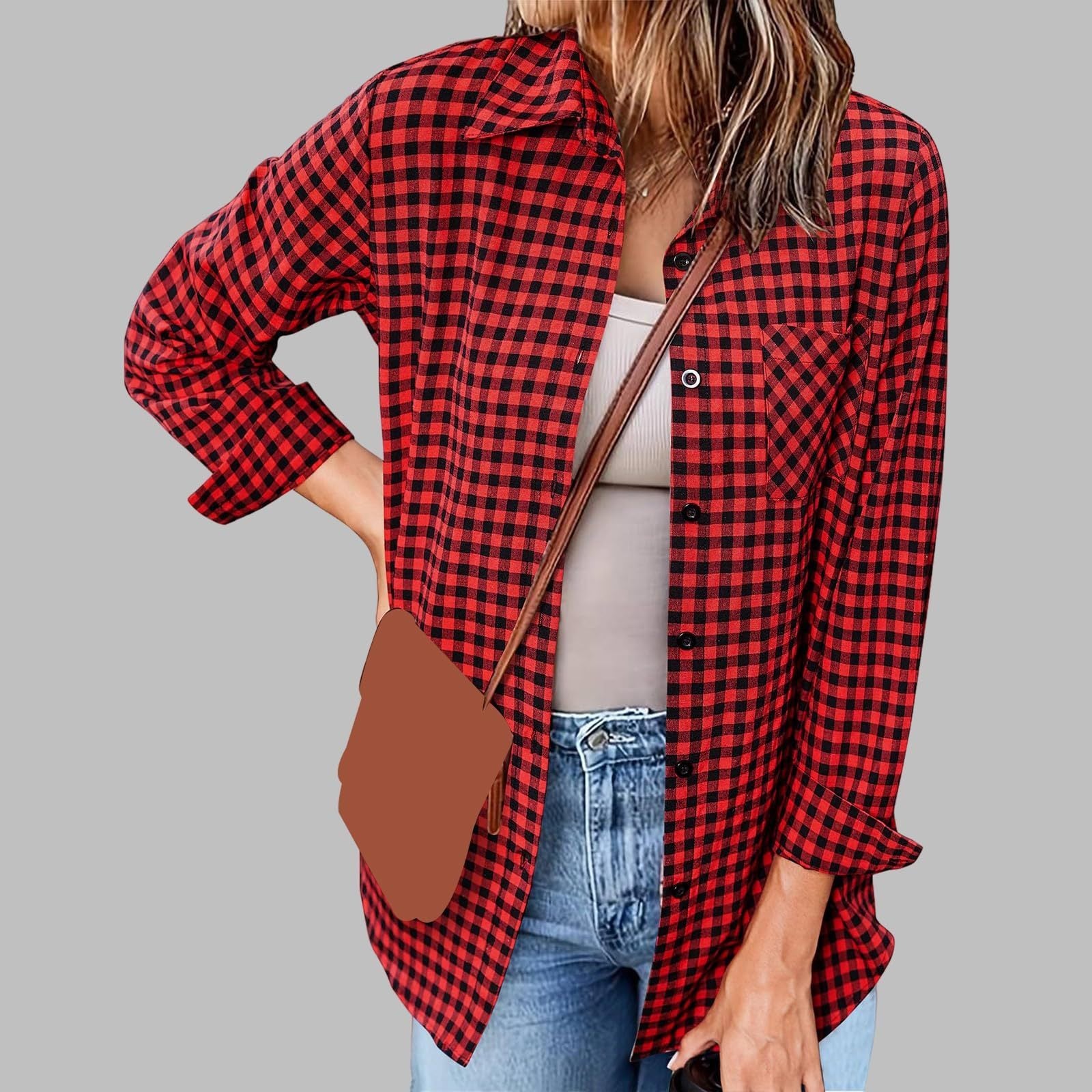 Printed Plaid Lapel Loose Long-sleeve Shirt Plaid Shirt