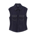 European And American Style Fashion String Decoration Lapel Sleeveless Denim Shirt