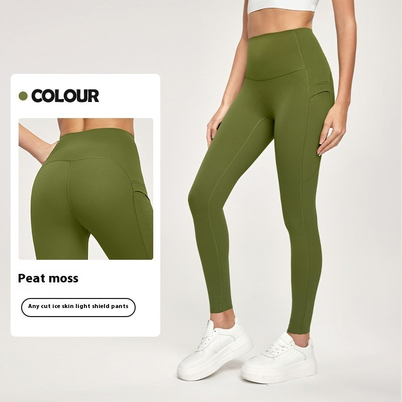7A Antibacterial Cool Feeling Yoga Pants Outer Wear Pocket High Waist Hip Lift Sports Tights