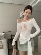 Women's Letter Rhinestone Shoulder Print Long Sleeve Slim-fit Lace Up