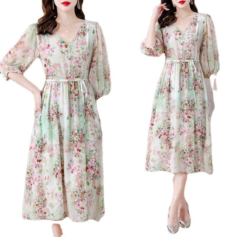 New Fashion V-neck Temperament Printed Dress