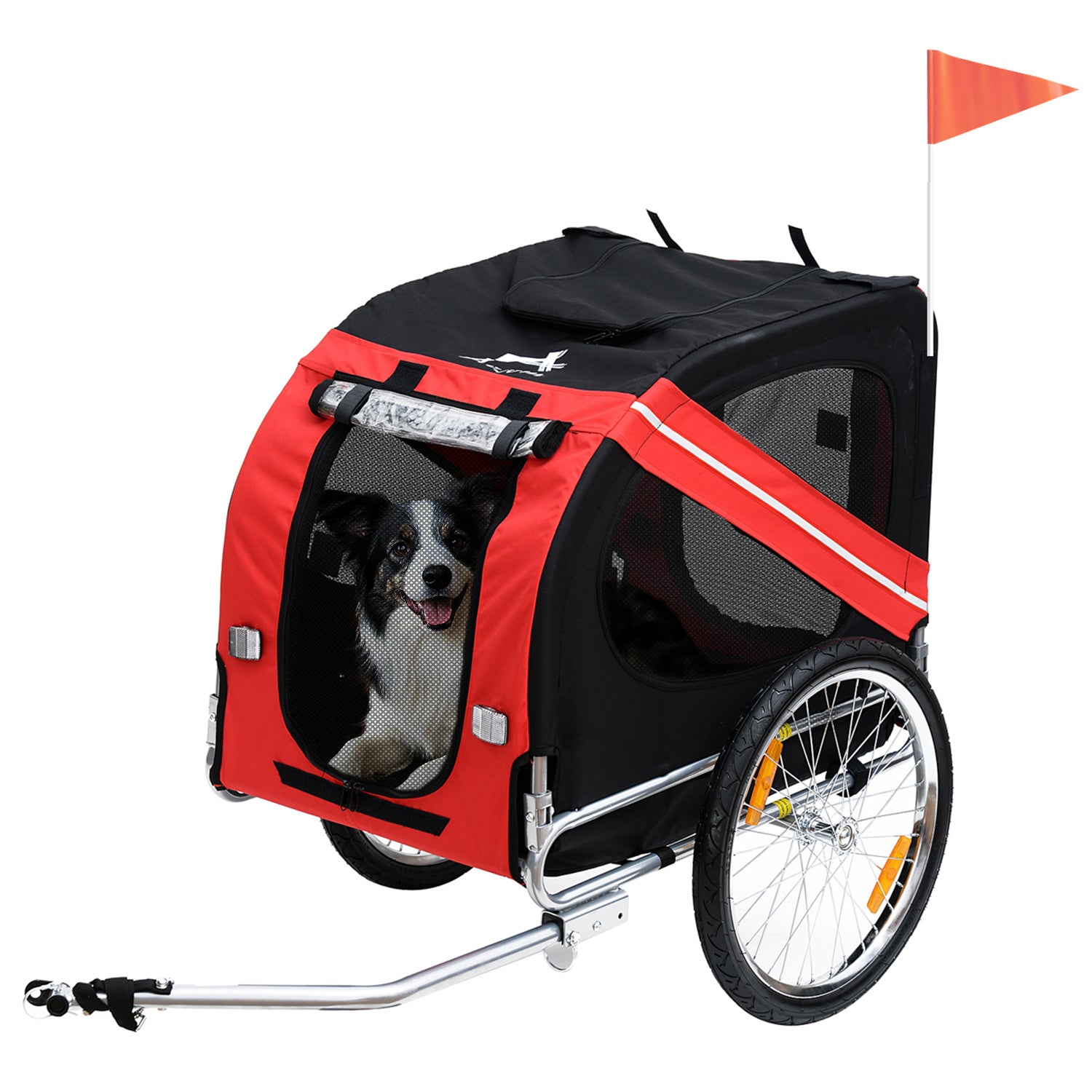 Dog Bike Trailer With Easy Folding Cart Frame, Large Wheels, 3 Entrances, Mesh Screen, For Dogs Within 44 Lbs, Red & Black