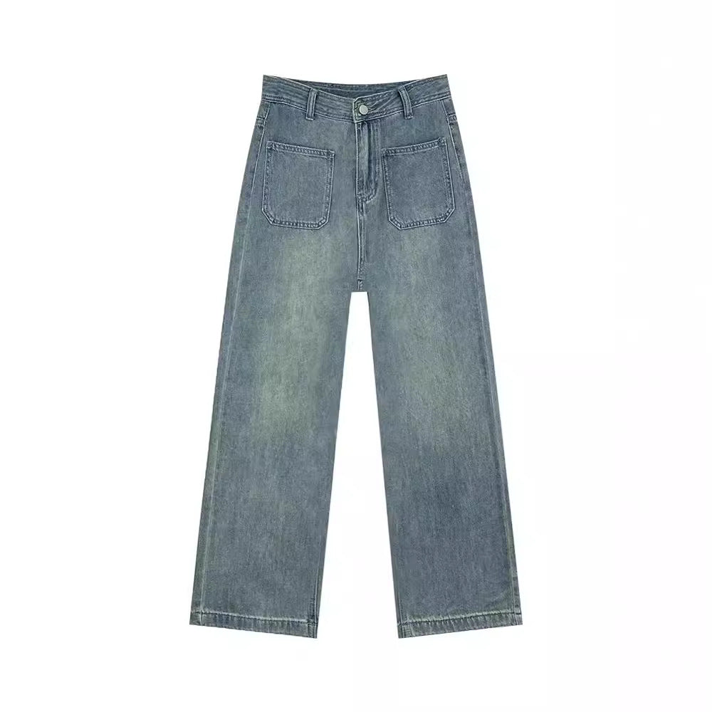 Light Blue Wide-leg Jeans For Women High Waist Loose Slimming Petite Nine-point Straight