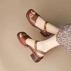 Real Soft Leather French Sandals Female Square Toe