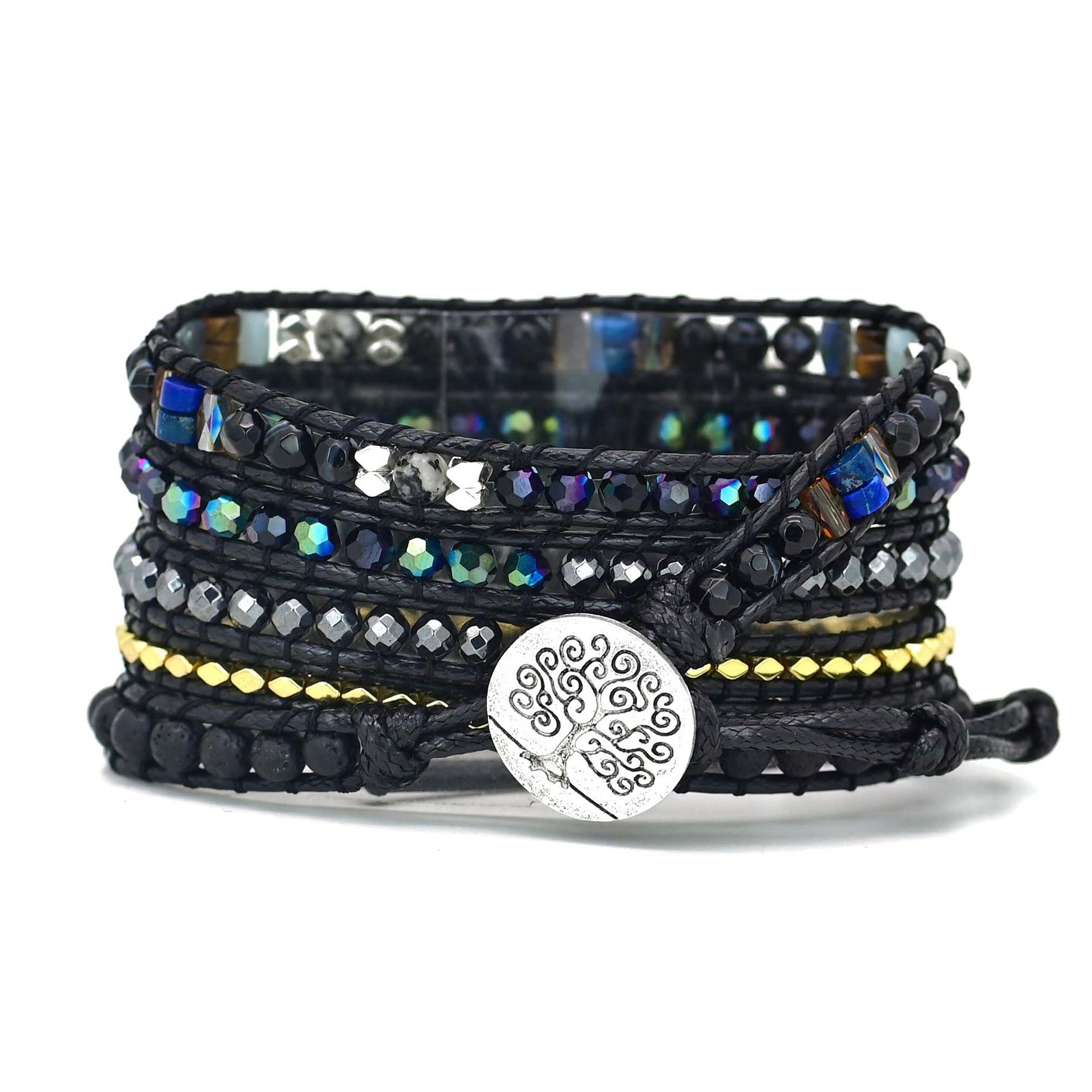 Black Retro Woven Watch Band  Natural Stone Bead Strap Bracelet