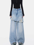 Vintage Blue Washed Fake Two-piece Jeans For Women Ripped Straight Pants