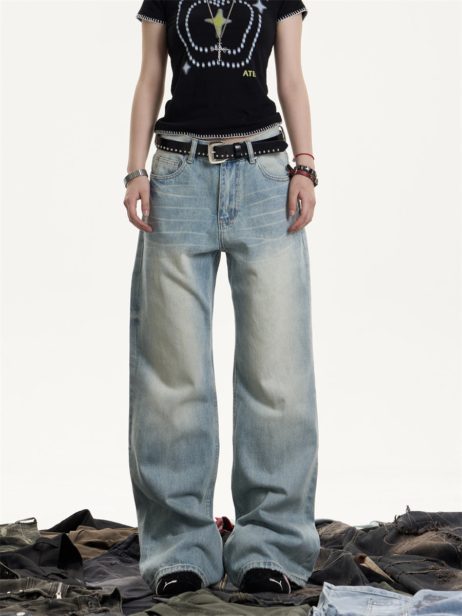 Retro Washed Distressed Jeans With Whiskers Female Hot Girl Loose