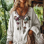 Vintage Violet Floral Art V Neck Cotton Linen Shirt