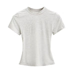 Solid Color Small Round Neck Elastic Shoulder Short Sleeve T-shirt Basic Style Waist-tight