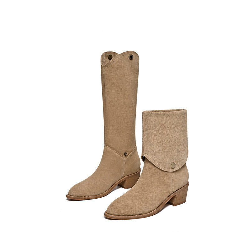 Matte Cowhide Western Denim Pointed-toe Short Tube Boots Fashion Boots Pile Style Boots All-matching