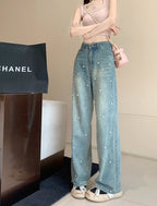 Pearl Straight Jeans High Waist Slim-fit Wide-leg Pants Women